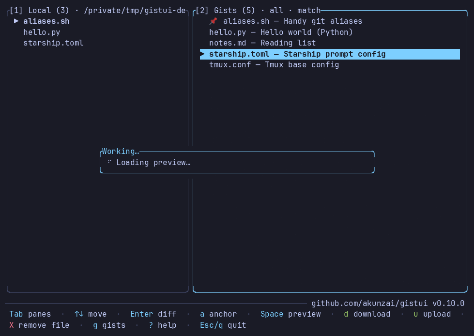 gistui - A terminal UI for managing GitHub Gists.