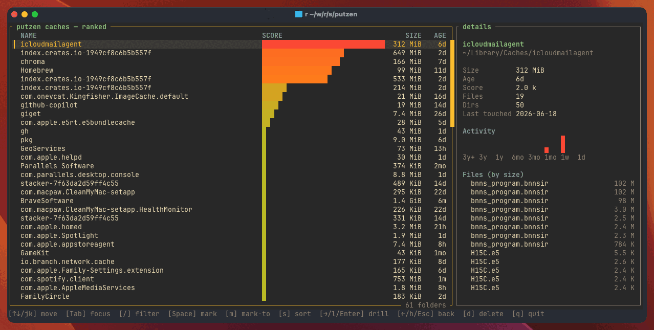 putzen - A safe cleaner for build and dependency artifacts with an interactive TUI.
