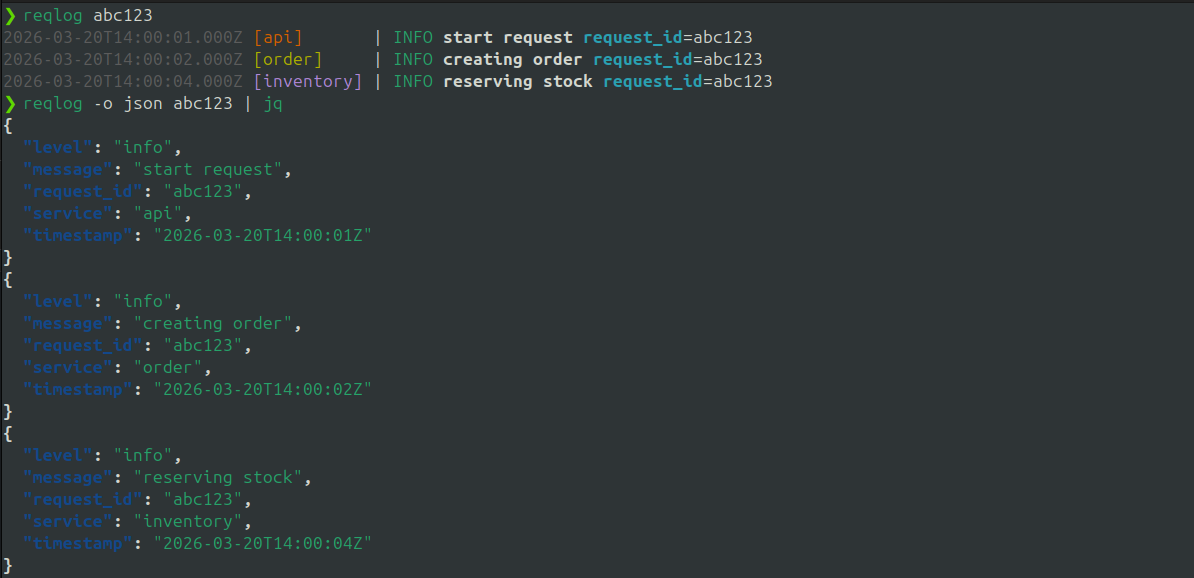 reqlog - A CLI for tracing and filtering requests across distributed systems.