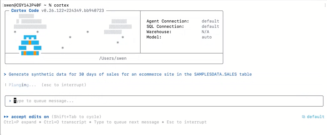 Snowflake Cortex CLI - Snowflake-native AI coding agent for data engineering