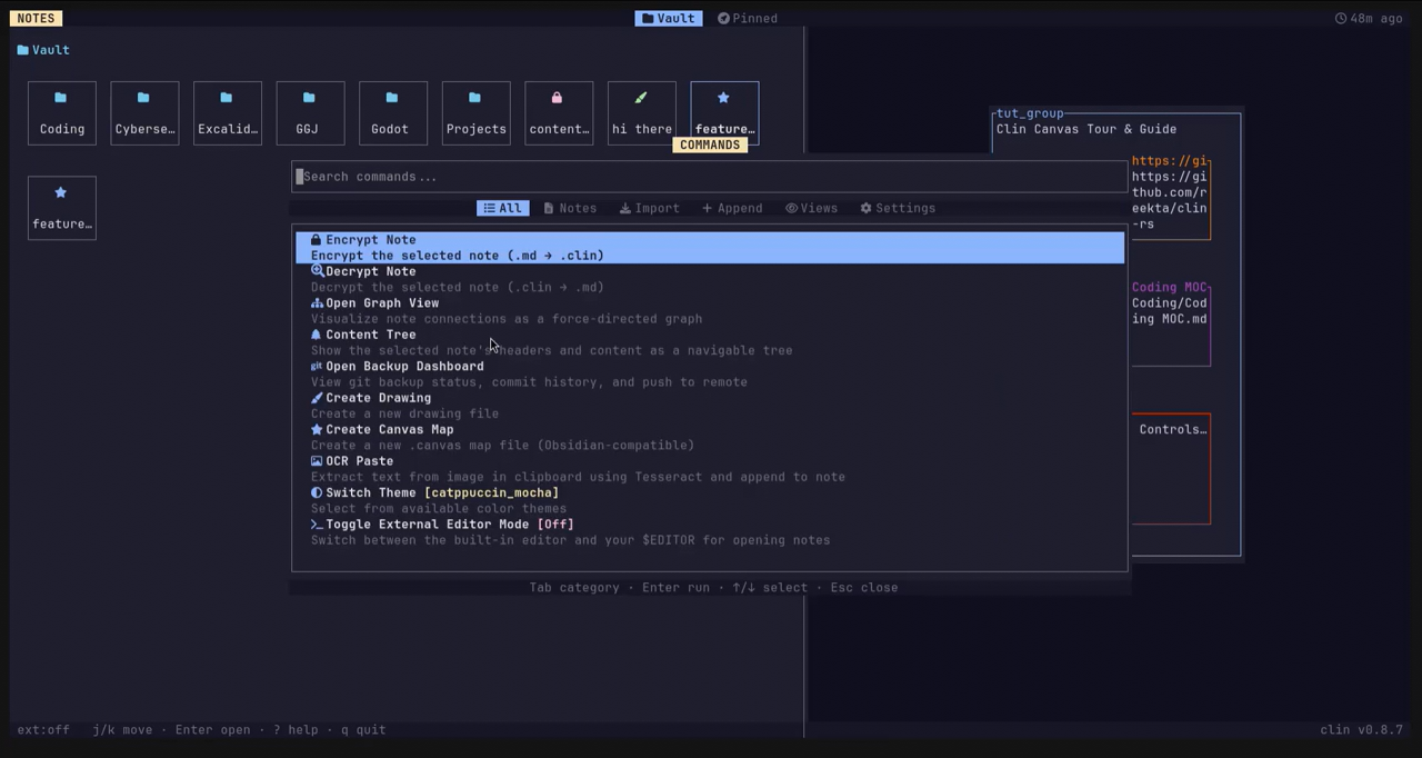 clin - A TUI note management app inspired by Obsidian.