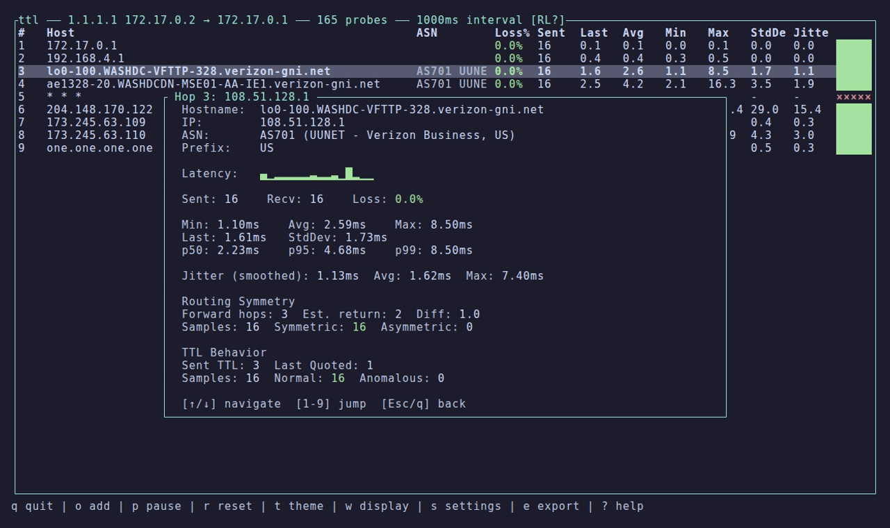ttl - A modern traceroute/mtr-style TUI with ASN and hop statistics.