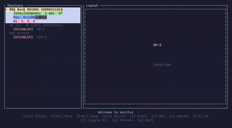 A delightfully minimal TUI for wrangling Hyprland monitors.