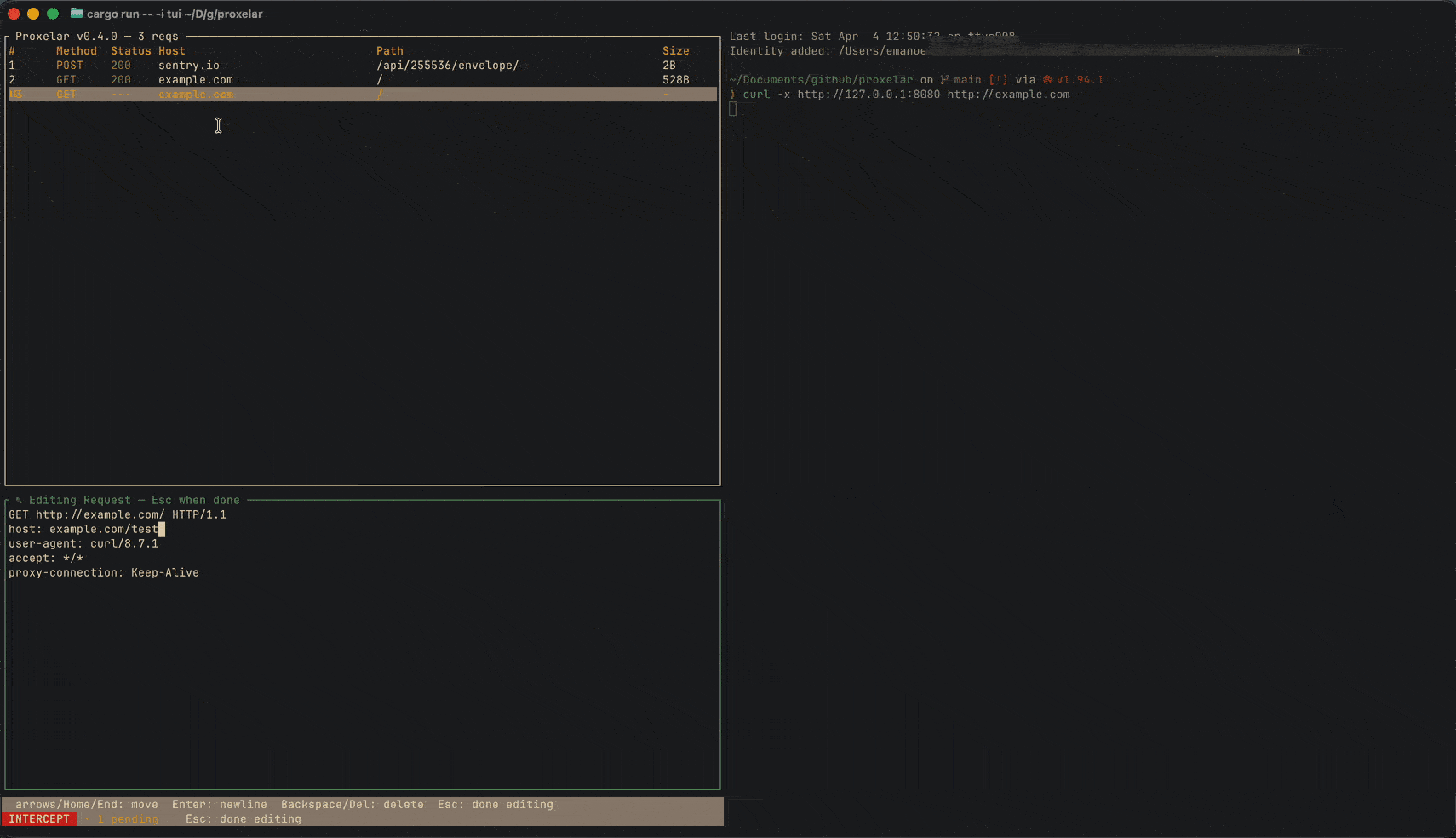 proxelar - A scriptable workbench for inspecting, intercepting, replaying local traffic in the terminal.