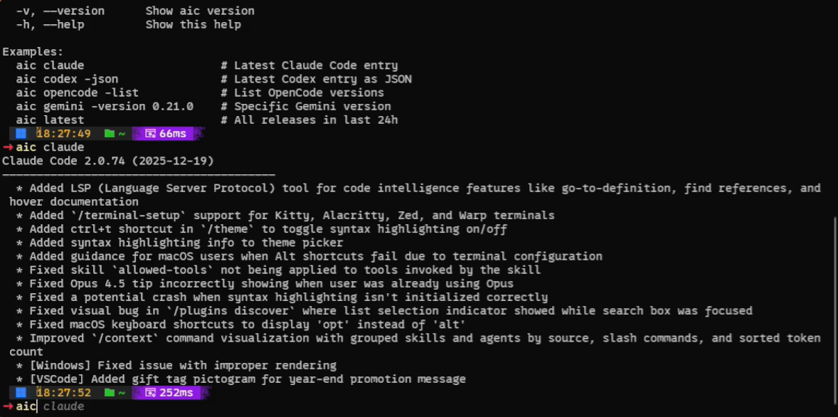 aic - Fetch the latest changelogs for popular AI coding assistants.