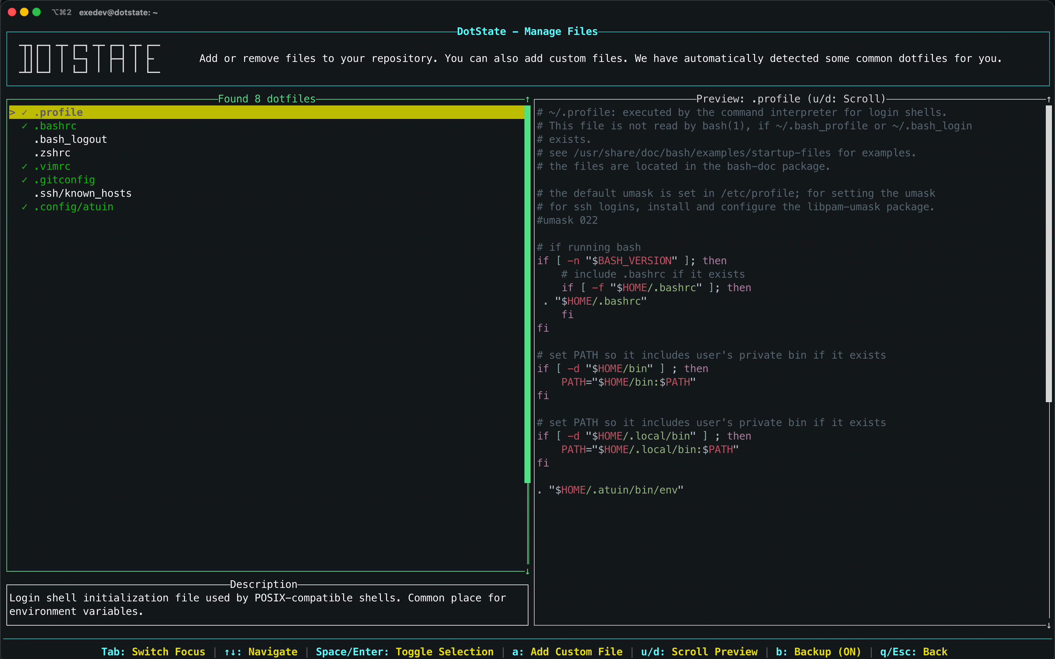 dotstate - A modern, secure, and user-friendly dotfile manager.