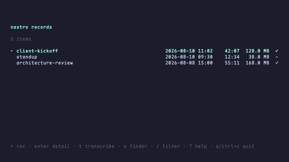 nastro - Record and transcribe audio from meetings locally in the terminal.