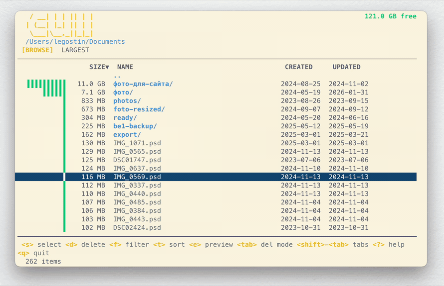 Interactive TUI disk space analyzer.