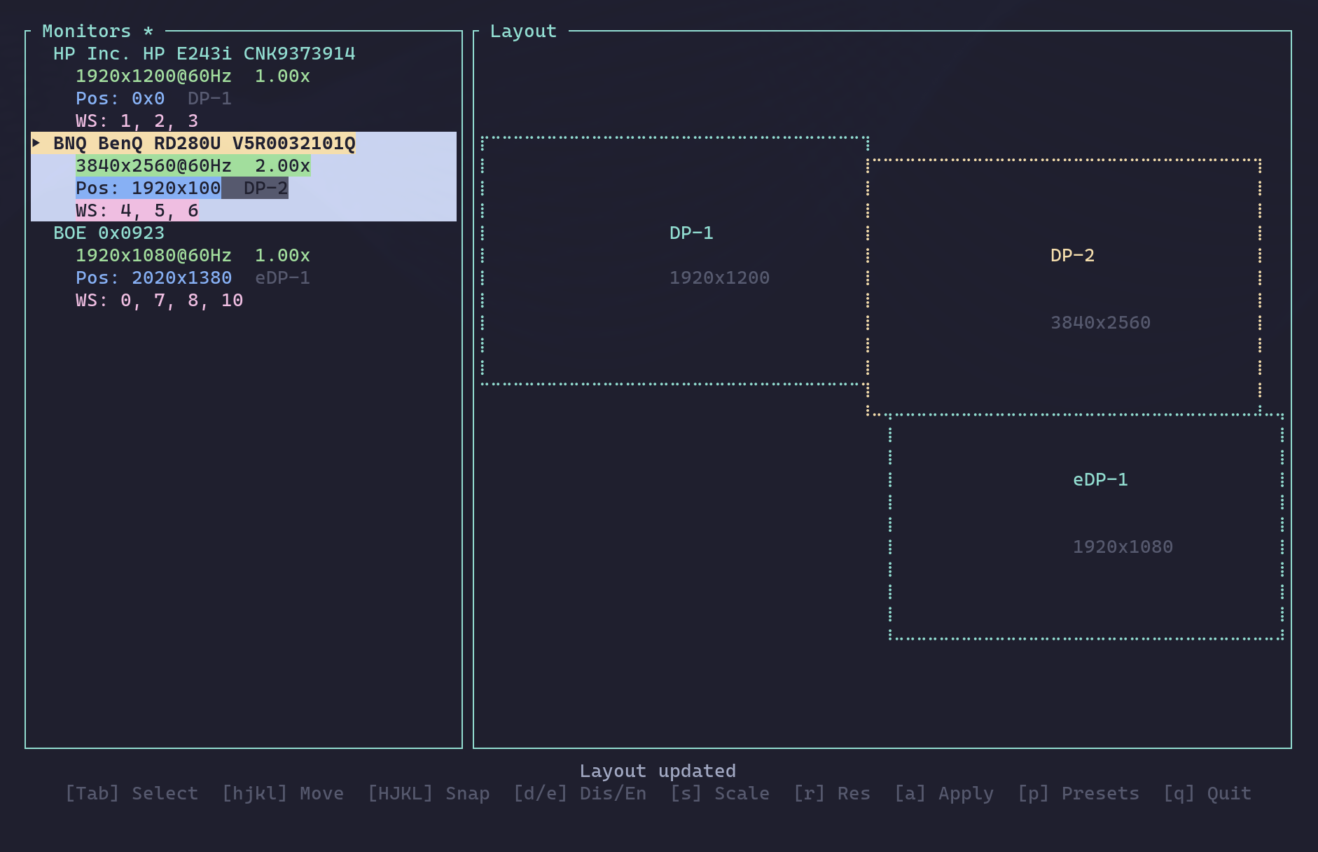 monitui - A delightfully minimal TUI for wrangling Hyprland monitors.