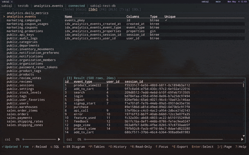 sabiql - A driverless PostgreSQL TUI that wraps psql.