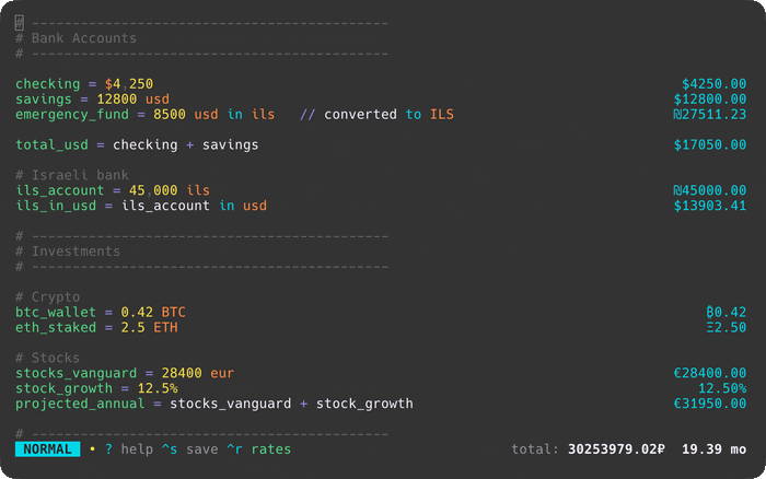 A text calculator for natural language expressions with a vim-style TUI.