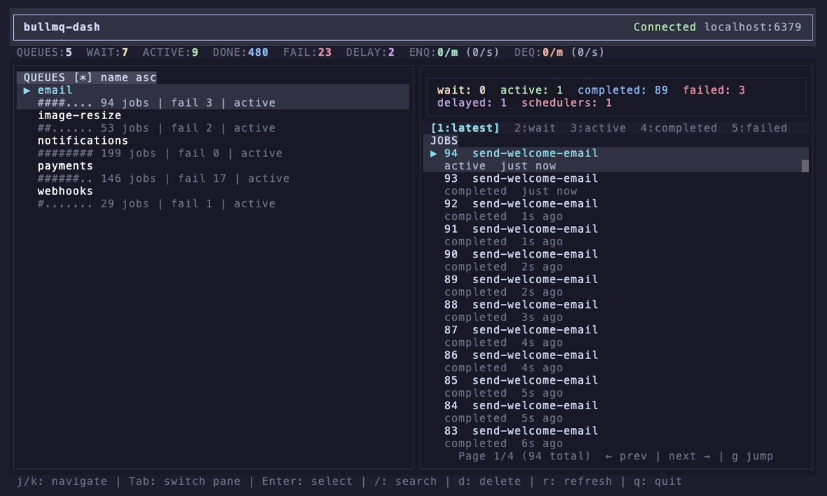 bullmq-dash - A TUI dashboard for BullMQ.