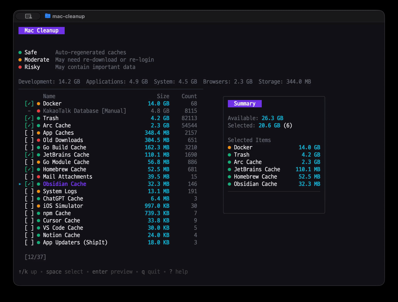 mac-cleanup-go - A preview first TUI for cleaning macOS caches, logs, and temporary files.