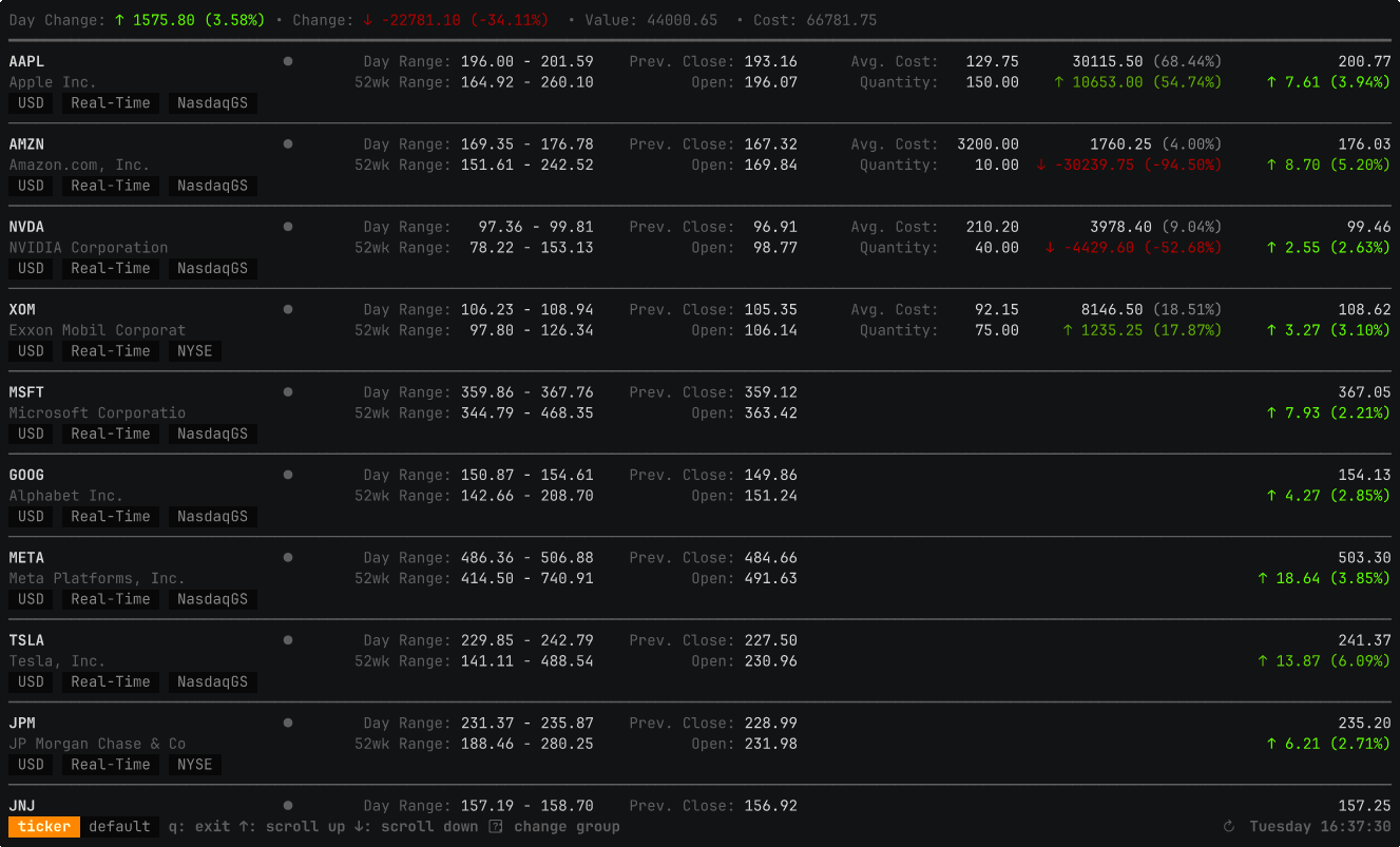ticker - A terminal stock ticker with live updates and position tracking.