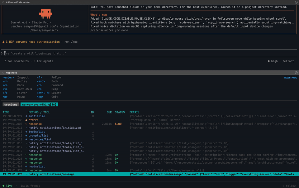 mcpsnoop - A TUI to inspect MCP traffic, like Wireshark for MCP. 