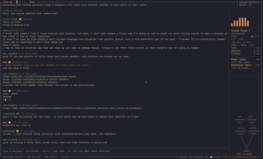 late.sh - A cozy terminal clubhouse for developers, all over SSH.