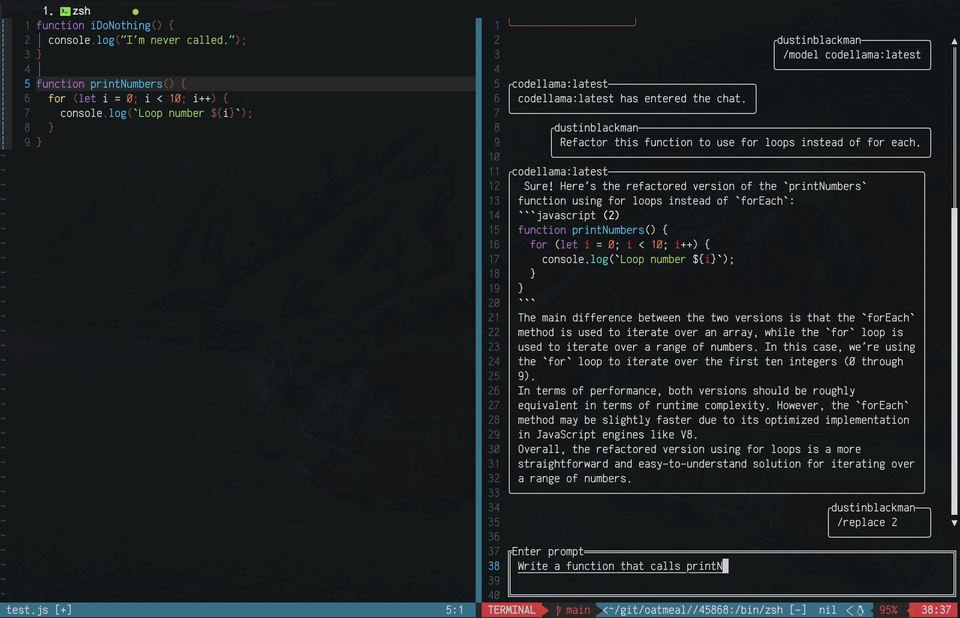 oatmeal - A TUI to chat with LLMs and direct integrations with your favourite editors.