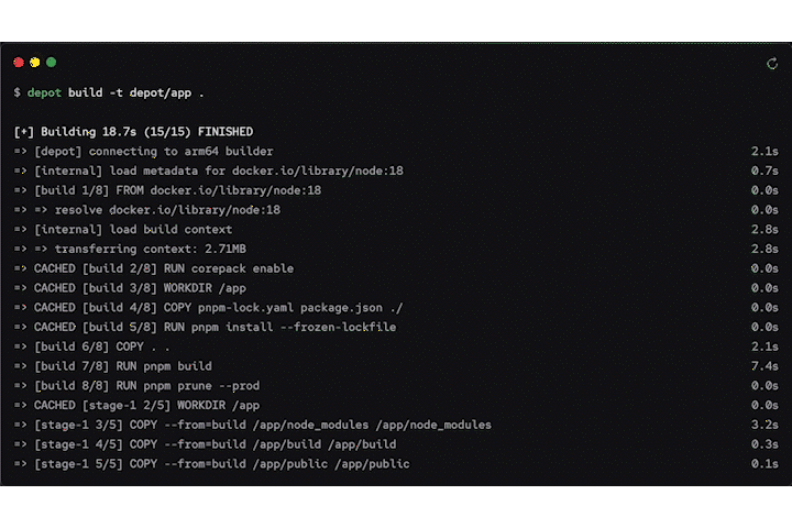 depot - Replace docker build with depot build for up to 40x faster container image builds.