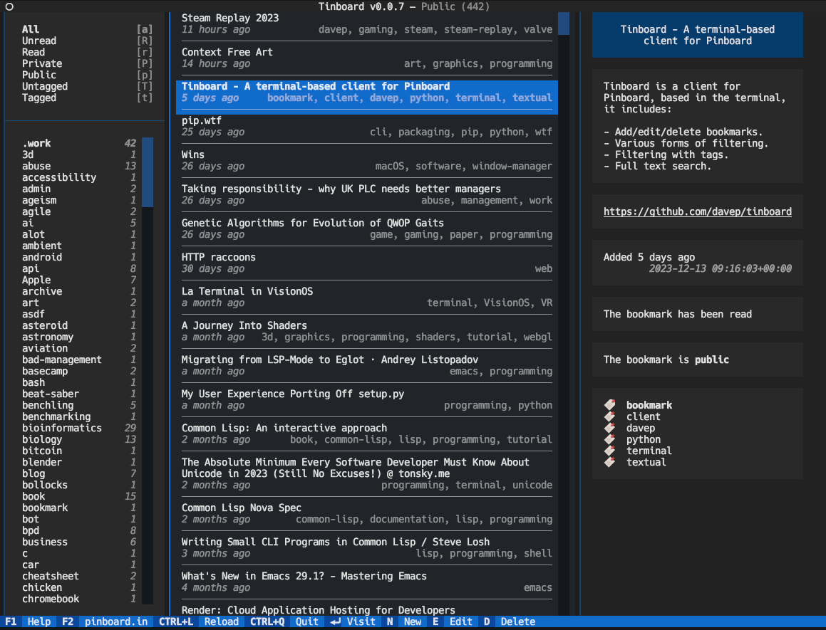 A terminal-based client for pinboard.in