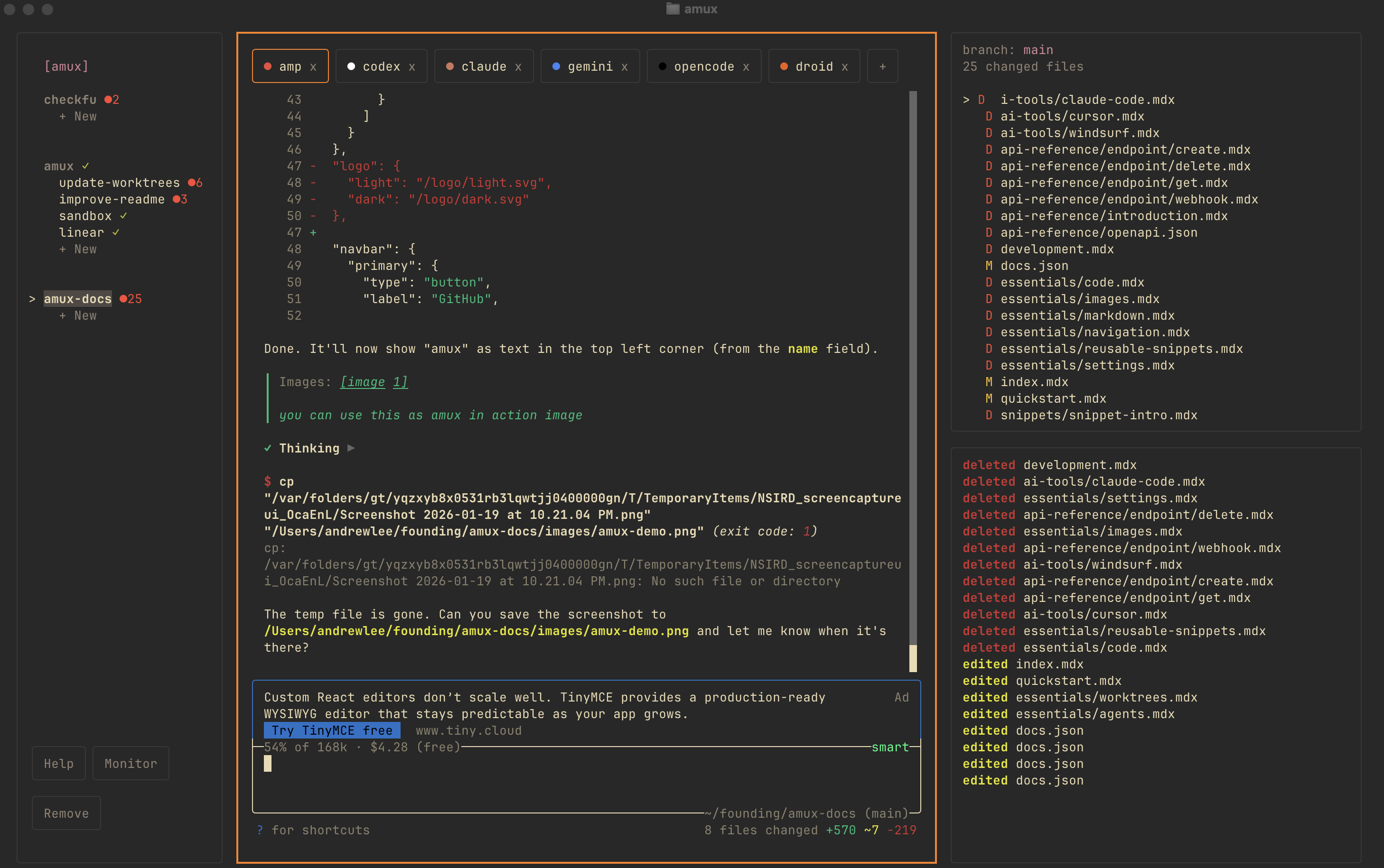 amux - A TUI for easily running parallel coding agents.