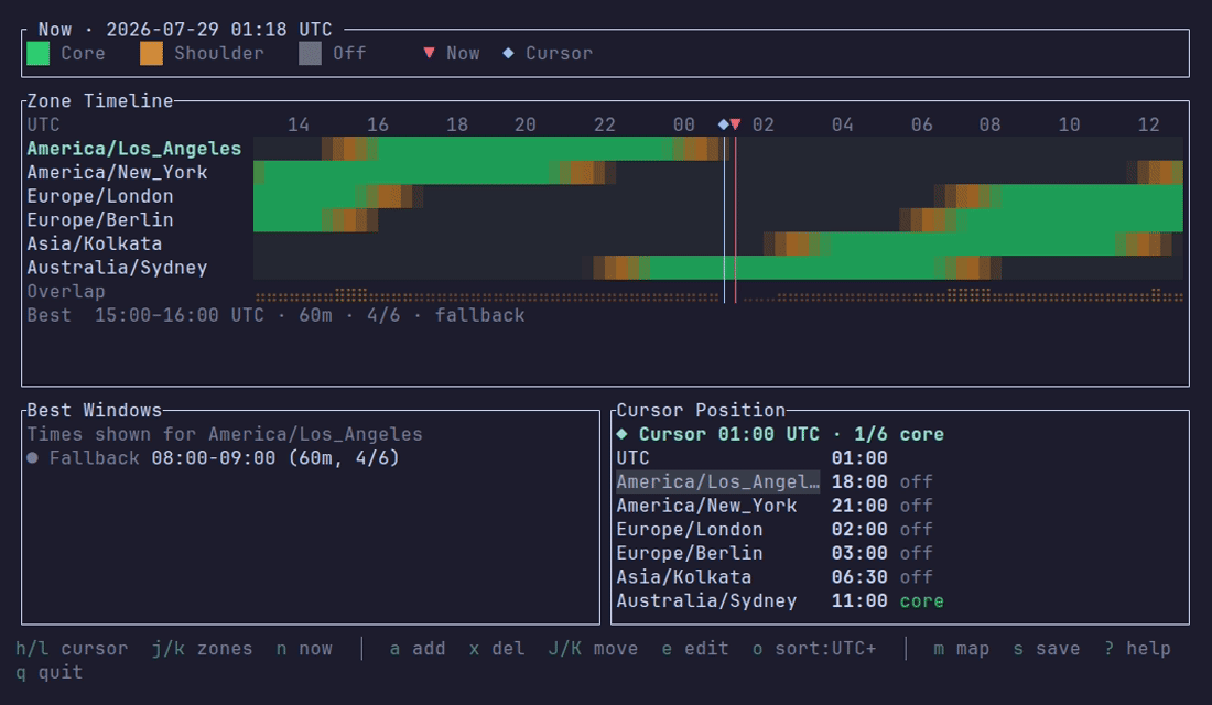 zonetimeline-tui - A terminal tool for visually comparing time zones around the world.