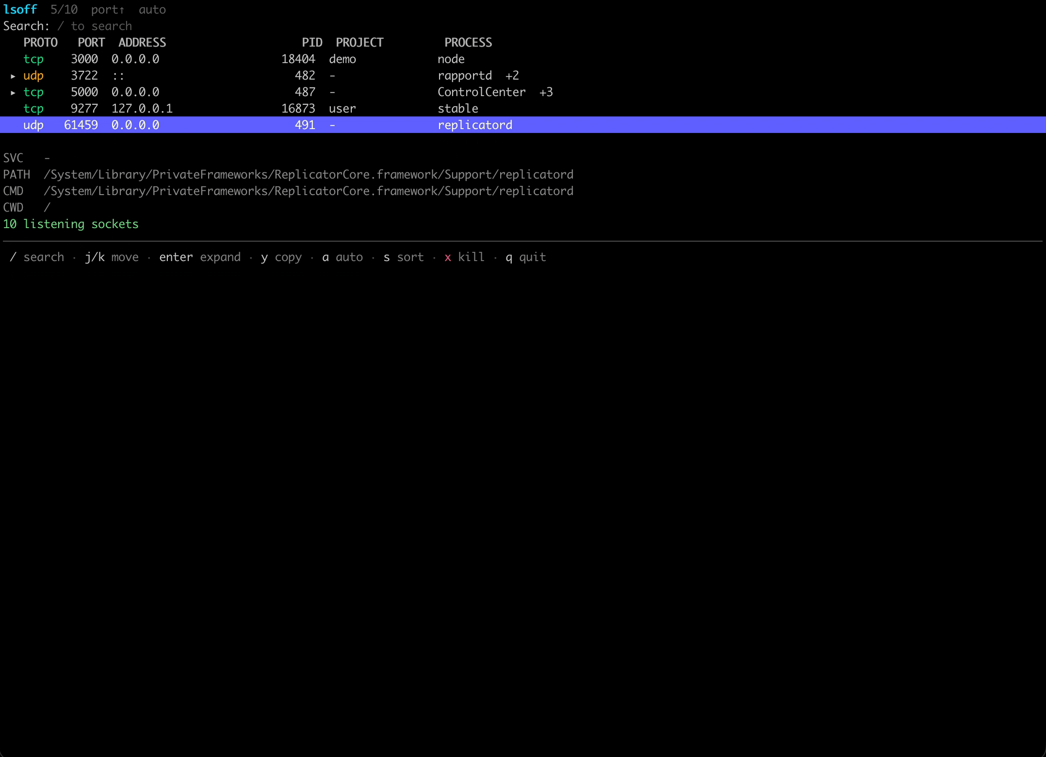 lsoff - A CLI / TUI that lists listening TCP/UDP ports.