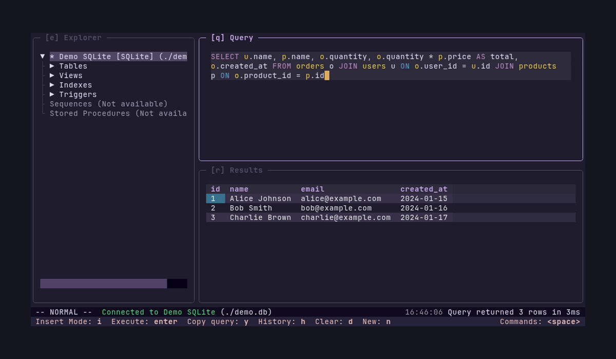 sqlit - A user friendly TUI for SQL databases.