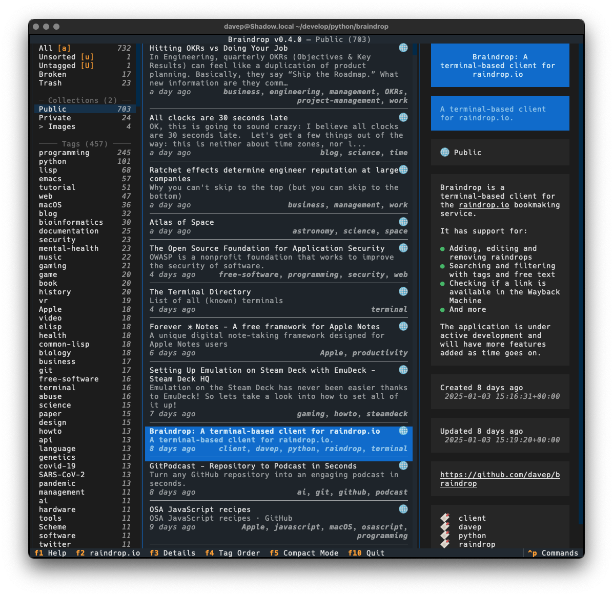 A terminal-based client for raindrop.io.