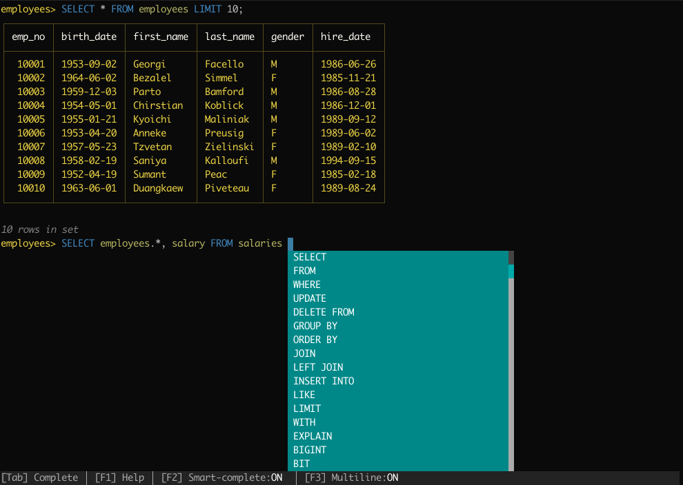 mycli - A rich MySQL terminal client with autocompletion, syntax highlighting, and dataframes.