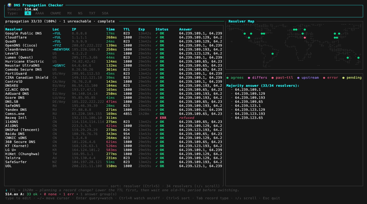 dnsglobe - A global DNS propagation checker for your terminal.