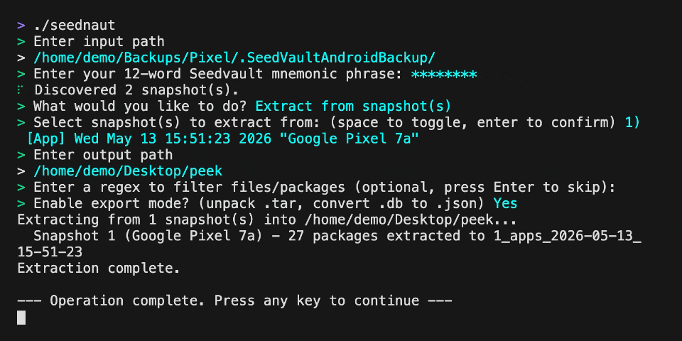seednaut - Inspect, verify and extract files from Seedvault backups.