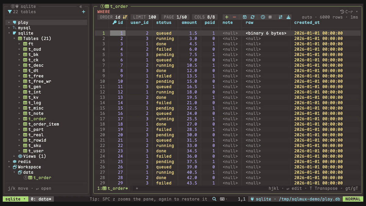 sqlmux - A tmux-style terminal database client for SQL and NoSQL databases.