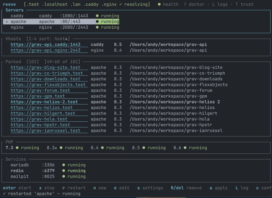 reeve - A TUI based local web development stack for macOS and Linux.