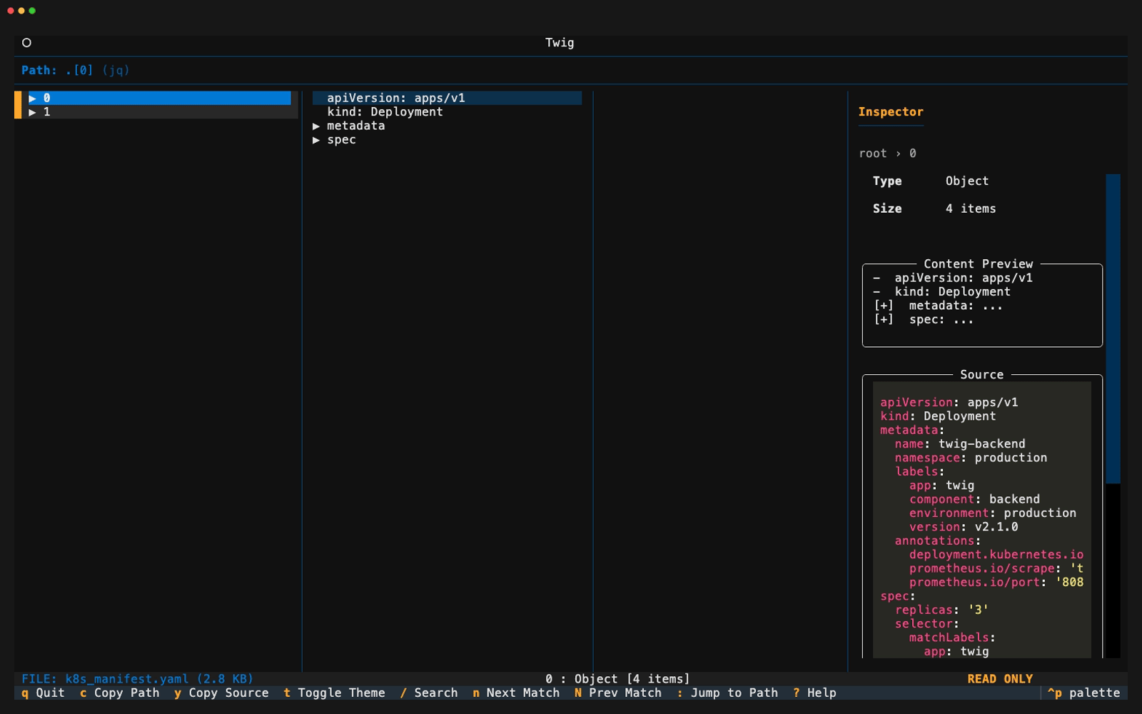 twig - A high-performance terminal UI for exploring JSON and YAML files interactively.