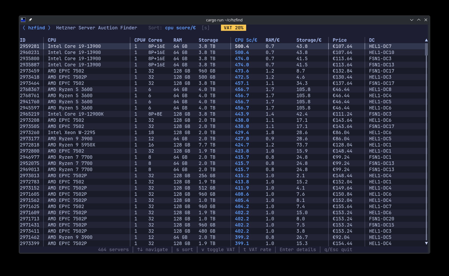 hzfind - A CLI/TUI to find the best Hetzner Server Auction deals.