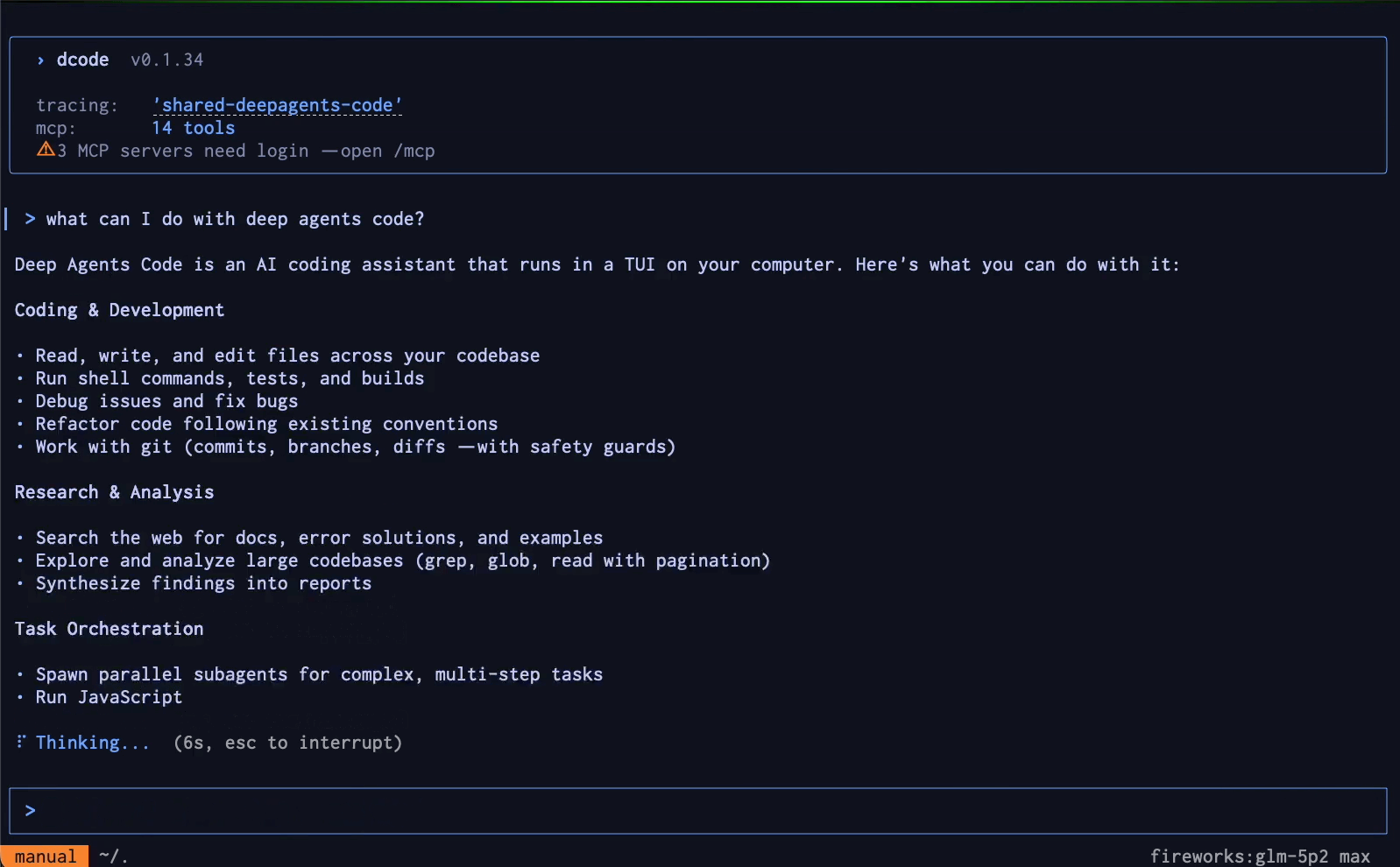 Deep Agents Code - A pre-built coding agent powered by any LLM with tool calling