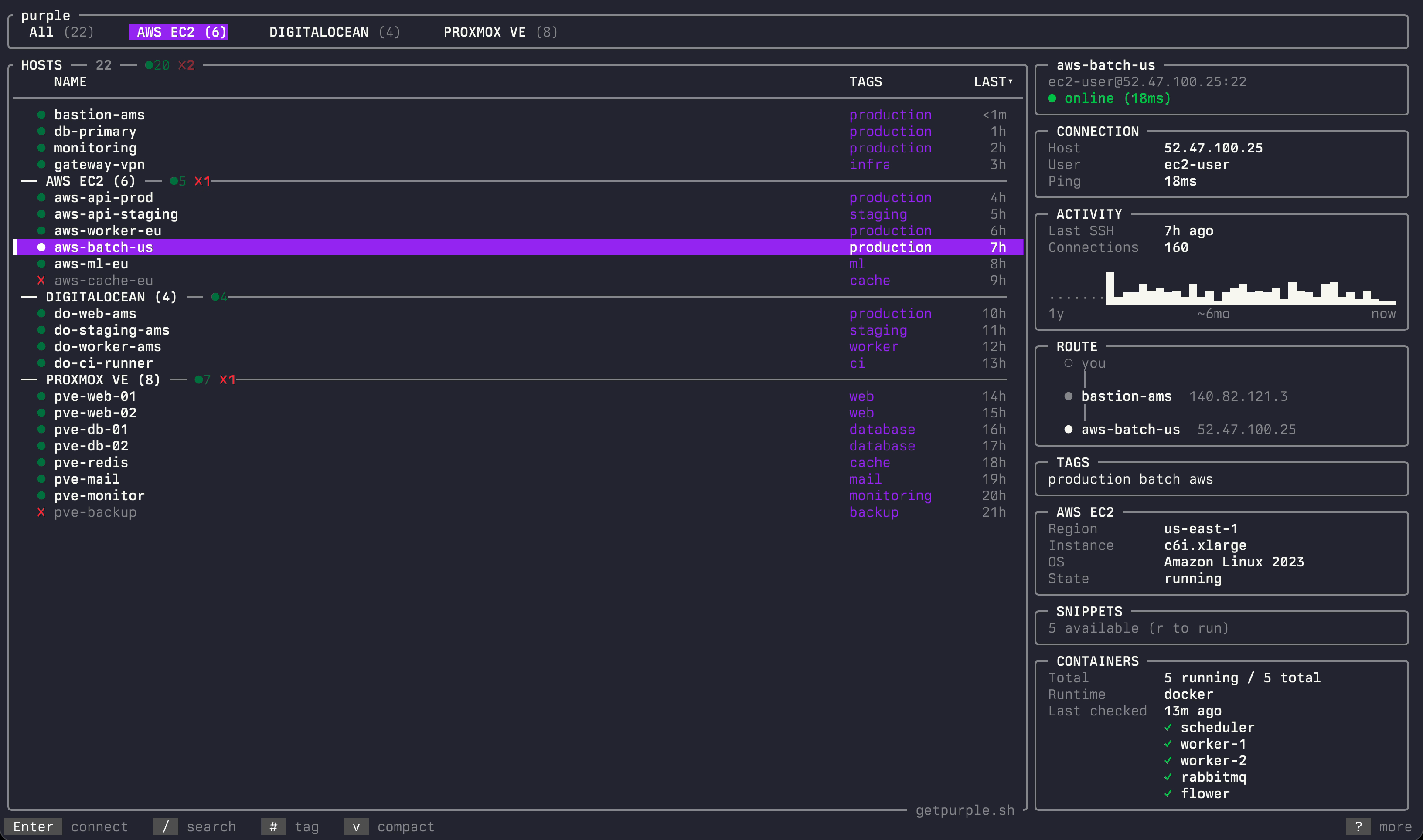 purple - A terminal SSH config manager and cockpit for your servers.
