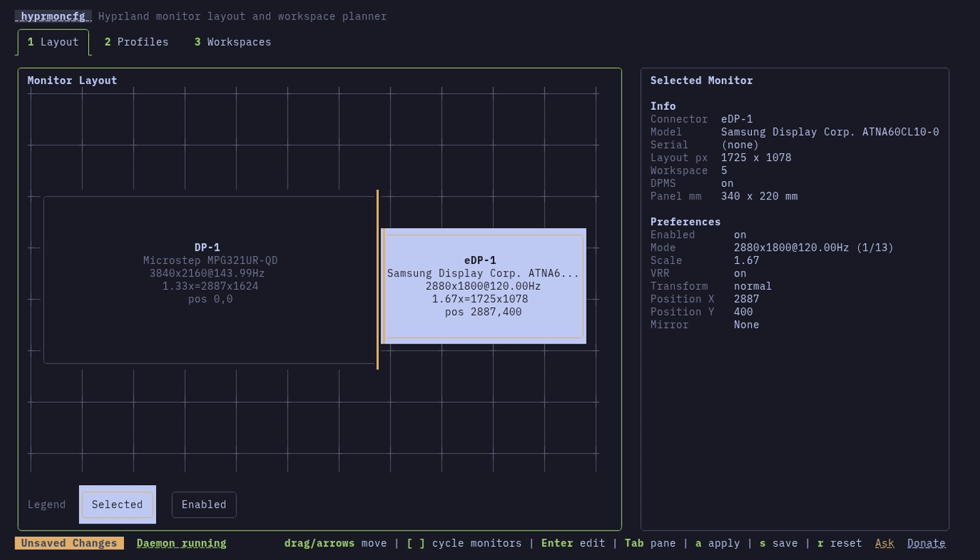 hyprmoncfg - A terminal first monitor configurator and daemon for Hyprland.