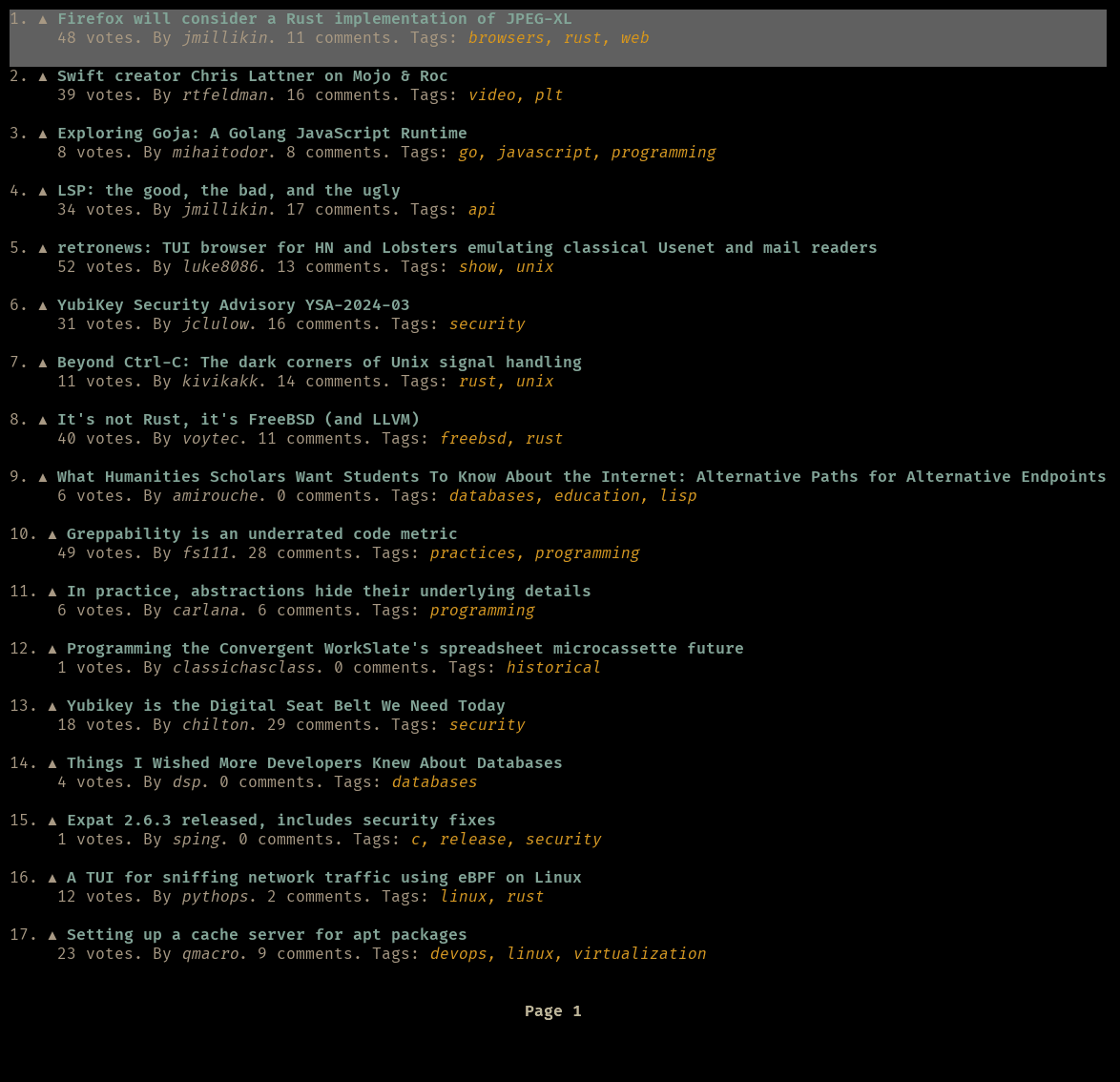 lobtui - A TUI for lobste.rs website.