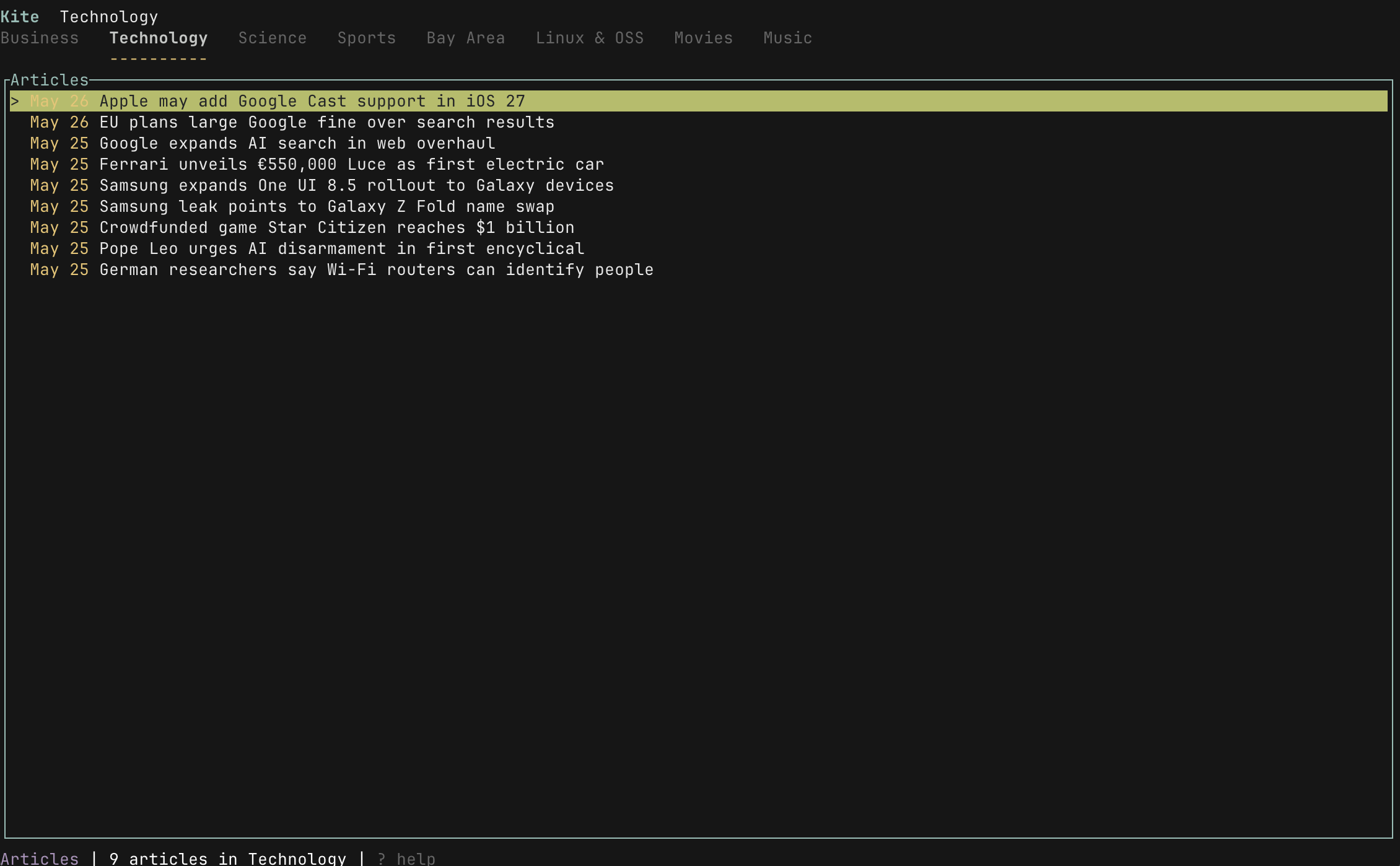 kite-tui - A terminal reader for Kagi News.