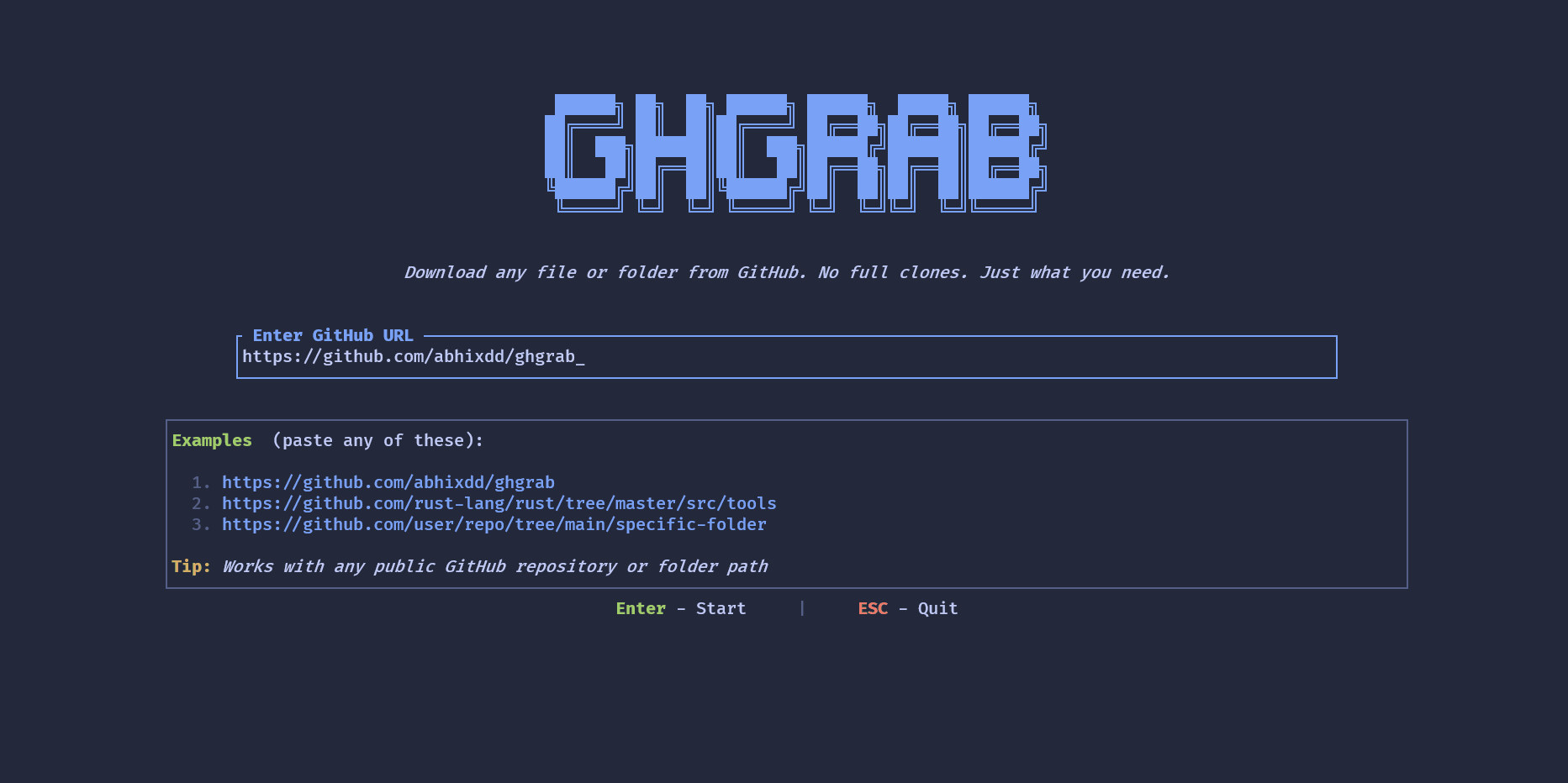 ghgrab - A TUI to download files/folders from repositories without cloning repos.