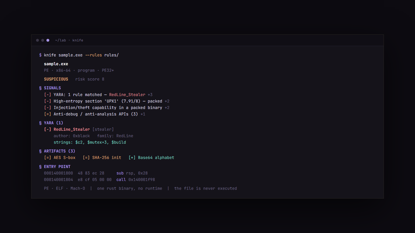 knife - A reverse engineering CLI and TUI for PE, ELF and Mach-O binaries.