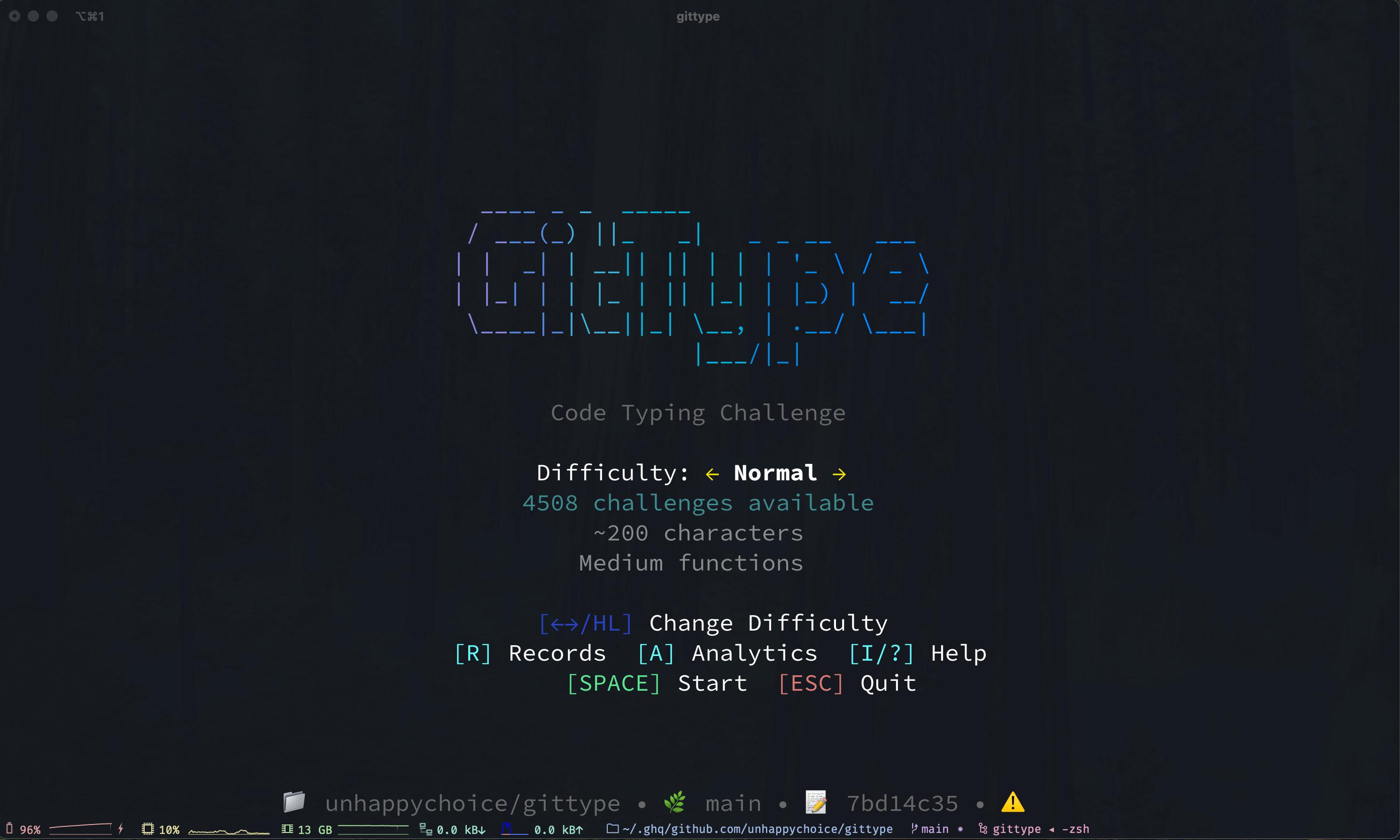 gittype - A terminal code-typing game that turns your source code into typing challenges.