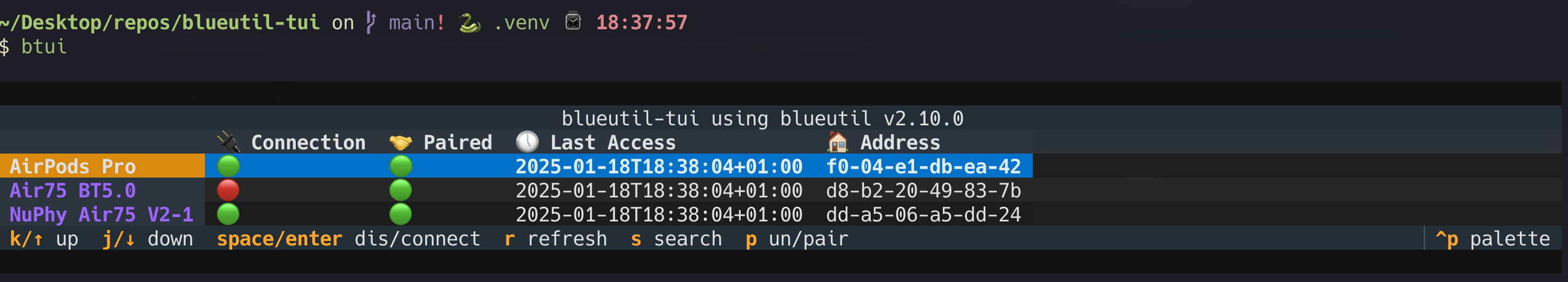 blueutil-tui - A TUI for macOS to interact with bluetooth devices via blueutil.