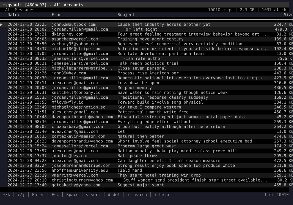 A tool to archive a lifetime of email with analytics and search in milliseconds, entirely offline.