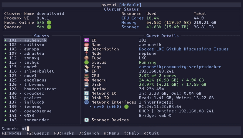 pvetui - A Terminal UI for Proxmox VE.