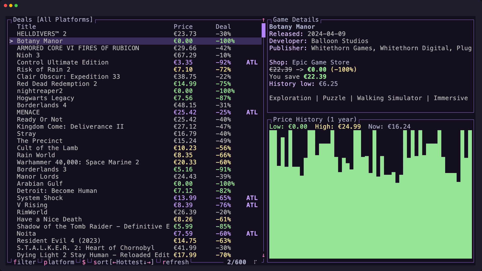 dealve-tui - Delve into game deals from your terminal.