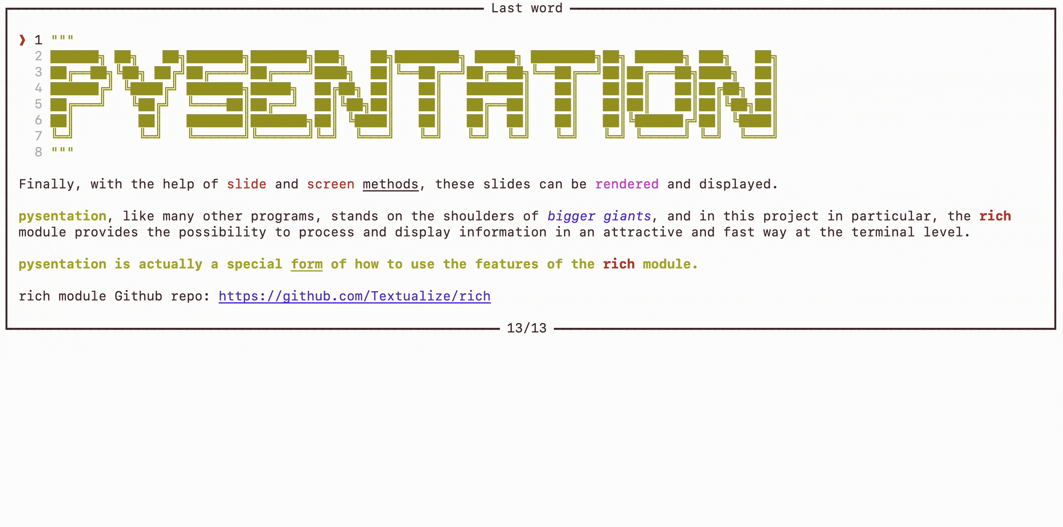 pysentation - TUI for displaying Python presentations