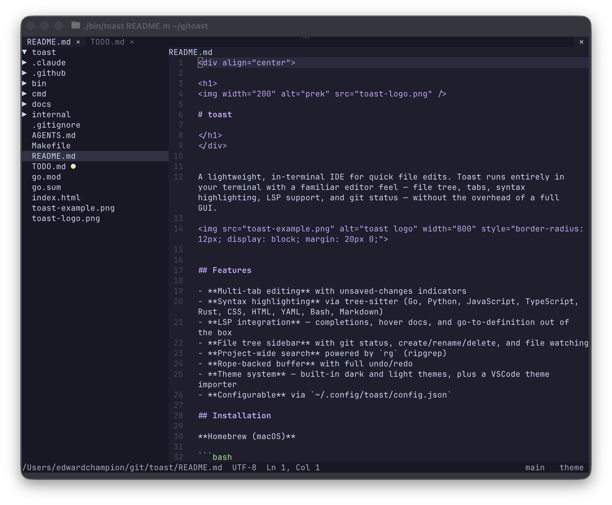 toast - A lightweight TUI IDE for making quick in-the-moment edits.