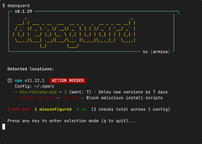 depsguard - A CLI to harden package manager configs against supply chain attacks.